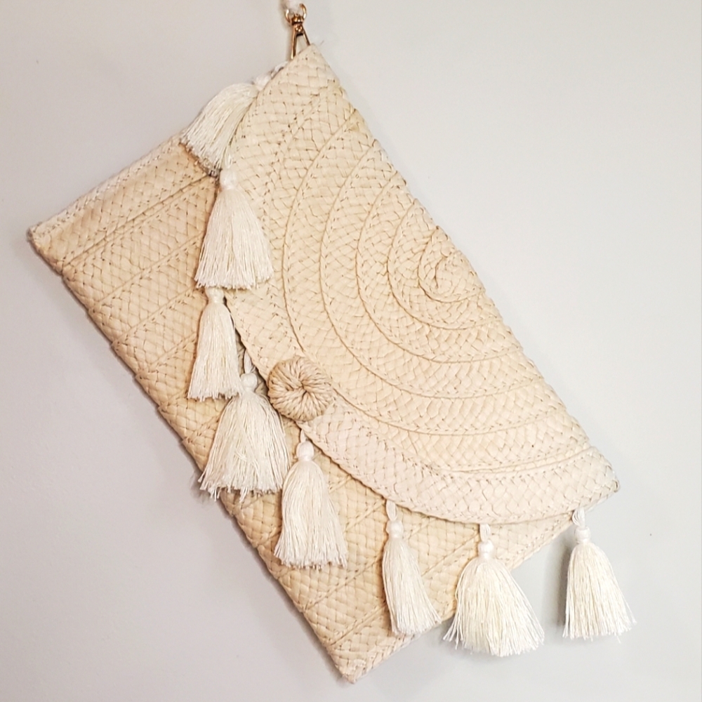 Straw Clutch Wristlet Purse with Pom Poms A New Day